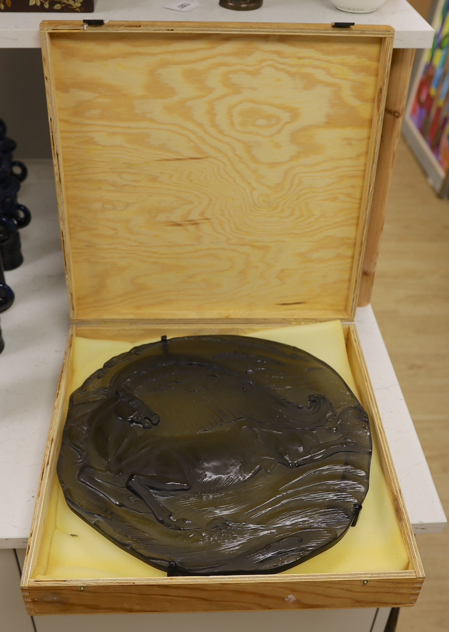 An Ernst Fuchs for Rosenthal limited edition glass 'Peguses' plaque, in original box. 42cm across